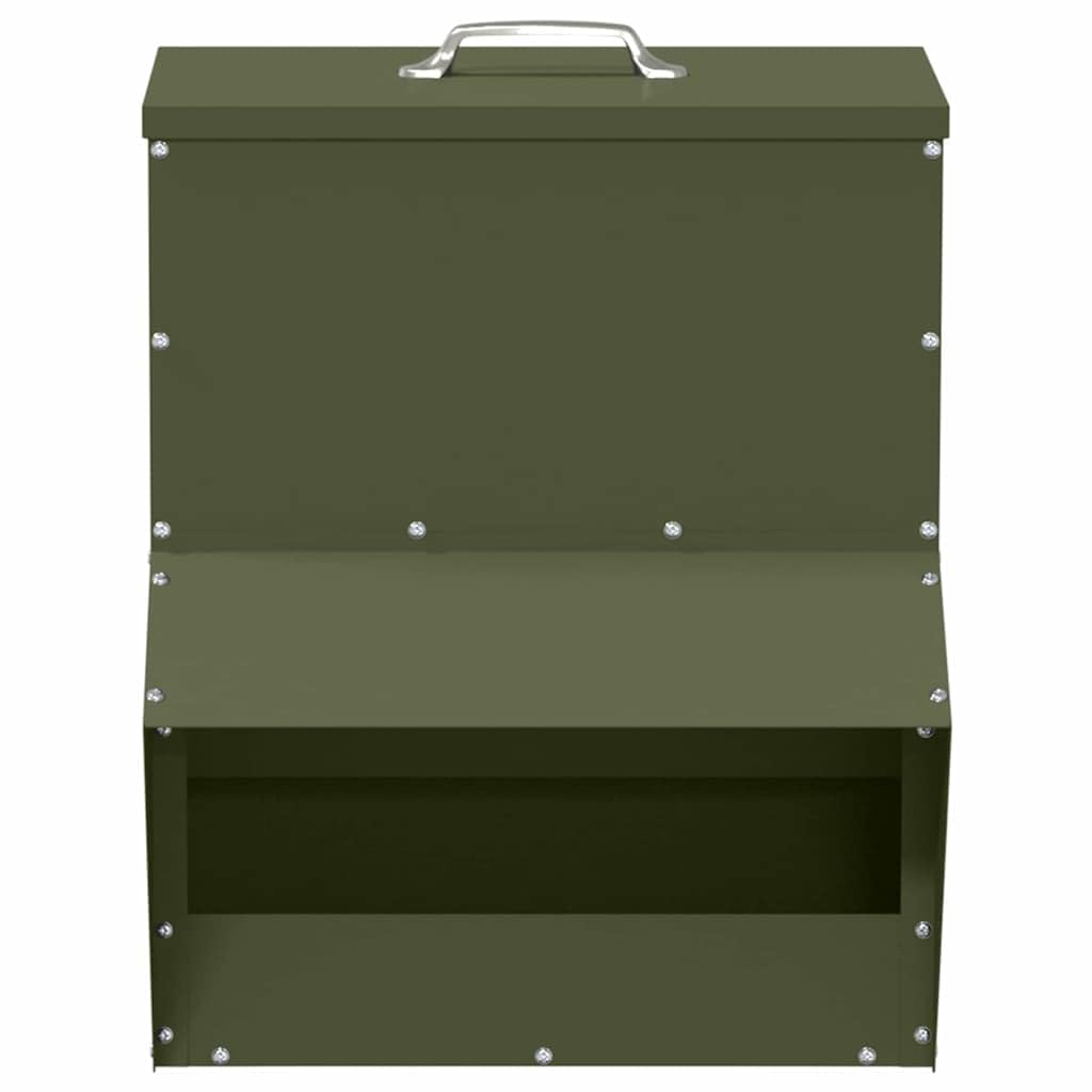 Comedero para pollos verde oliva de acero laminado en frío, 35 x 20,5 x 43,5 cm, resistente a la intemperie, con techo y asa de tapa, para interior y exterior, práctico comedero para aves
