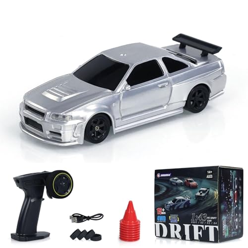 Image of FEXXA 1 /43 Scale RC Drift Race Car Gyro 4WD Ready to Go Mini Remote Control Car High Speed Model (1:43 RC Drift Nissan GT-R R34-SILVER)