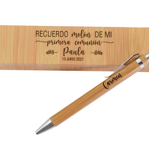 QUE VIVA LA NOVIA Bolígrafo personalizado con caja grabada de madera para Primera Comunión niño y niña