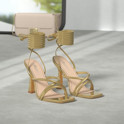 Mostrin Womens Sandals Strappy Heels for Women Lace Up Square Open Toe Heels Tie Up High Heeled Sandals for Prom, Party, Daily Wear2