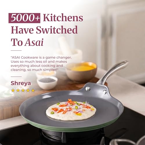 Image of Asai Ceramic Non Stick Dosa Tawa 28cm with Silicone Spatula | Green | 100% Toxin Free | Superior Swiss Ceramic Cookware | Gas & Induction Compatible | Dosa, Chilla Pan | Lab Tested | Steel Handle