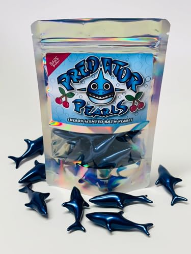 Predator Pearls - 10 x Shark Shaped Bath Pearls. Cherry Oil Infused. Bath Oil Pearls Bath Beads Shark Themed Gifts Cherry Bath Products 90s Themed Gifts.10 Baths per Bag resealable Packaging