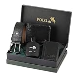 Polo Air Herren Geschenk-Set 4-Teilig - mit Parfum Gürtel Geldbörse Kartenetui - Schwarz Inklusive Premium Geschenkbox für Männer
