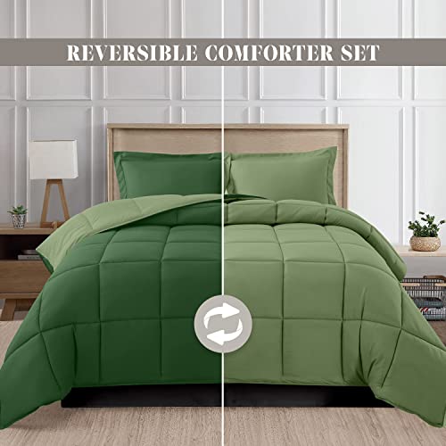 Image of Elegant Comfort 3-Piece Reversible Comforter Set, All Season Cozy, Soft Down Alternative, Quilted - Box Stitched - Duvet Insert with 4 Corner Tabs, Comforter with Shams, Twin XL, Hunter Green /Sage