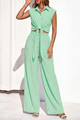 PRETTYGARDEN 2 Piece Sets For Women Summer Striped Button Down Tie Front Crop Tops Wide Leg Pants Floral Lounge Set 2026(Striped Green,X-Large) — view 5