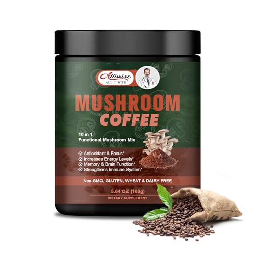 Alliwise 10 in 1 Mushroom Coffee Powder|Premium Coffee with Lion's Mane, Cordyceps, Reishi, Chaga, Shiitake, Maitake, and Turkey Tail |Energy & Immune Support,Focus, Memory & Brain Function