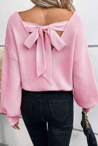 Image of Womens Off Shoulder Bow Back Sweater Sexy Loose Fit Deep V Neck Knit Tops | Backless, Lantern Long Sleeves, Ribbed Knit, Lightweight, Fall Winter Outfit, Party, Halloween, Christmas, New Year's Eve