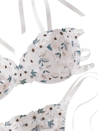 Lilosy Sexy Tie Side Embroidered Underwire Push Up Cute Strappy Mesh Sheer Bachelorette Lingerie Set3