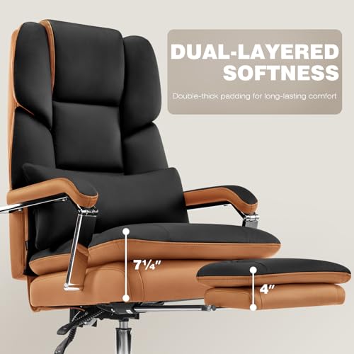 Furniliving Big and Tall Office Chair 500lbs,High Back Executive Leather Office Chair with Footrest,Wide Seat Reclining Desk Chair with Lumbar Support, Armrest, Black