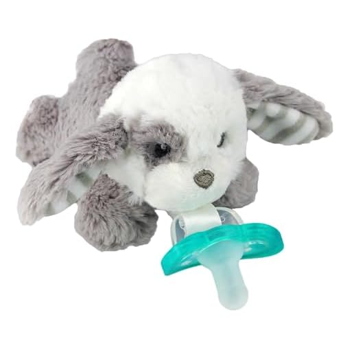 RaZbaby JollyPop Pacifier, Holder w/Detachable Baby Pacifier, Stuffed Animal RaZbuddy, All Ages 0M+, 100% Medical Grade USA Made Silicone, Machine Washable, Textured & Easy to Hold – Puppy