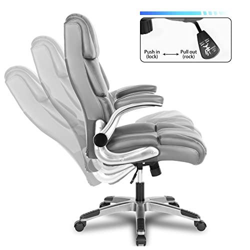 Kcream Ergonomic Office Chair With Flip-Up Armrests, Comfortable Pu Leather Home Office Desk Chair Managerial Executive Chairs With Wheels & Memory Foam Back Support (Grey) #TOP4