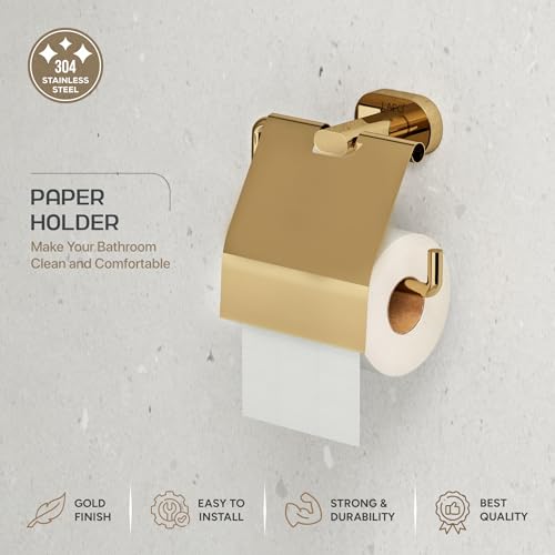 Image of LAPO Toilet Paper Holder for Bathroom, 304 Stainless Steel Tissue Paper Roll Holder, Wall Mounted Toilet Roll Holder, Toilet Tissue Holder, Anti Rust Protection, Gold Finish, 25 Years Warranty - KIK