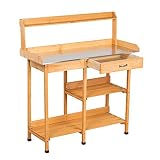 Outdoor Garden Potting Bench with Metal Tabletop, Garden Work Bench Planting Workstation w/Storage S