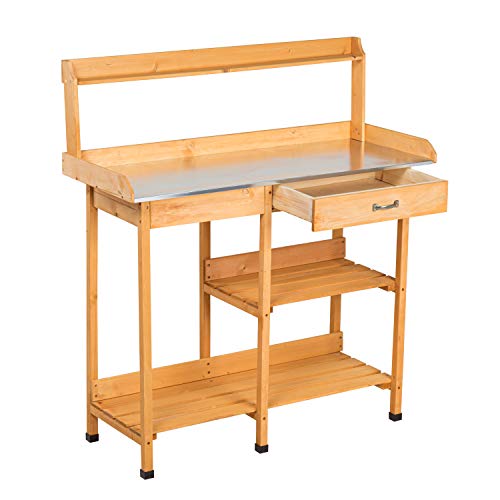 Outdoor Garden Potting Bench With Metal Tabletop, Garden Work Bench Planting Workstation W/Storage Shelves & Hooks #TOP13