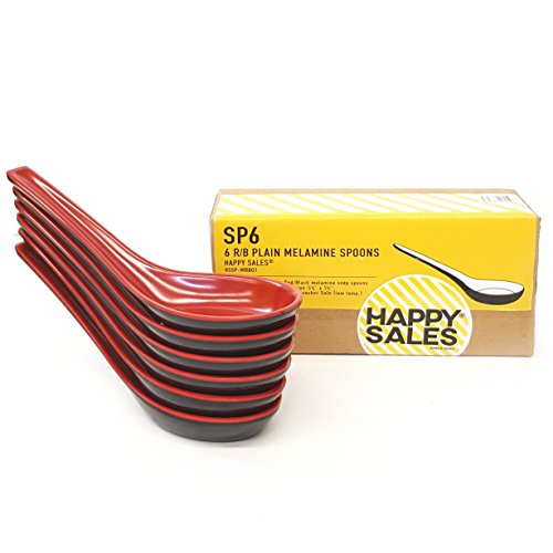 Happy Sales Melamine Soba, Rice Spoons, Chinese Won Ton Soup Spoon, Asian Red And Black, 6 Pack Plain Style #TOP1