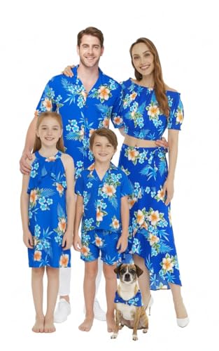 Image of Matchable Family Hawaiian Luau Men Women Girl Boy Clothes in Hibiscus Blue