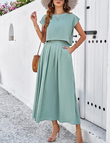 Image of HangNiFang Summer Skirt Sets Women 2 Piece Outfits Cap Sleeve Top Elastic Waist Maxi Dress Sets with Pockets