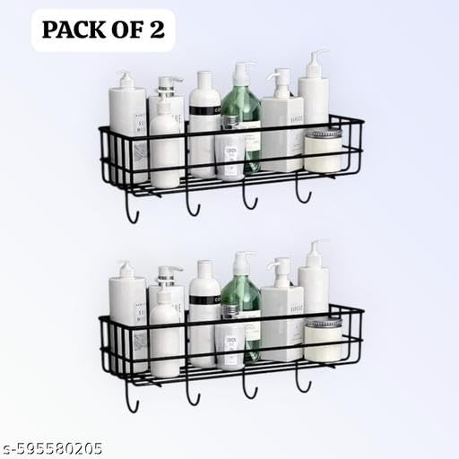 (Pack of 2) Steel Self-Adhesive Multipurpose Bathroom Shelf with Hooks/Towel Holder/Rack/Bathroom Accessories - Wall Mount - Pack of 2 (Black,Powder Coated)|TM-P7434 1