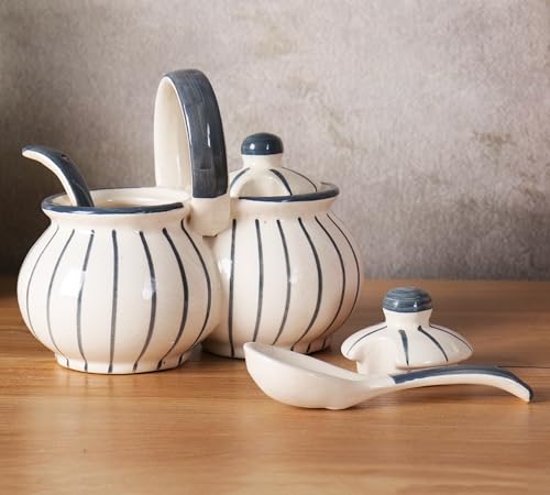 Image of Niyara Multipurpose Storage Ceramic Pickle set Jars & with Lid & tray (Set of 2, 300 ML) (Grey line design)