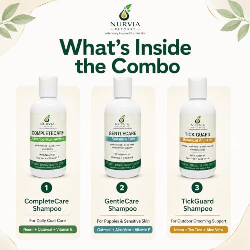Image of Dog Shampoo Combo 3 Pack by Nurvia Petcare | Anti-Tick Flea + 5-in-1 Anti-Itch Dandruff + Puppy Shampoo | Neem Tea Tree Oatmeal Calendula | pH Balanced Sulphate-Free | 3 x 200ml India