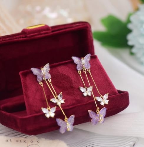 Purple Butterfly Earrings for Women Gifts Trendy Stuff Crystal Zircon Butterfly Tassel Dangle Purple Earrings Wedding Jewelry Gifts Purple Dress for Woman Outfits3