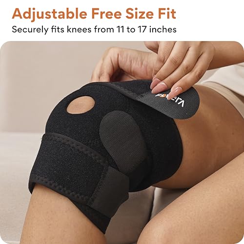 Image of FOVERA Open Patella Knee Support Brace - Breathable Neoprene Compression Cap for Arthritis Pain Relief, Running & Gym - Adjustable Knee Wrap for Men & Women (Black, Single Piece, Free Size)