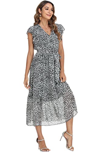 Image of VintageClothing Womens Sundress Casual Floral Summer Boho Dress | Flowy Wrap V Neck Ruffle A-Line Pleated Hem Midi Dresses