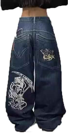 Y2K Skeleton Print Gothic Baggy High Waist Wide Leg Jeans Unisex hip hop street style, vintage loose fit, skeleton gothic denim, edgy grunge aesthetic, casual daily wear