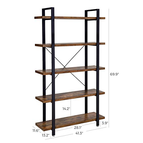 VASAGLE Industrial Bookshelf, 5-Tier Bookcase, Display Rack, Stable Ladder Shelf, Easy Assembly, Living Room, Bedroom, Office, Rustic Brown and Black ULLS55BX