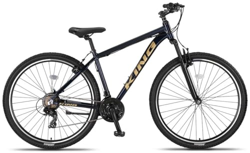 DEPORBIKES Bicicleta montaña Adulto 29 Pulgadas | Cuadro de Aluminio + 21 Velocidades Shimano + Suspensión Delantera con Bloqueo + Frenos V Break | Bicicleta montaña Segura y Resistente (Azul Oro)
