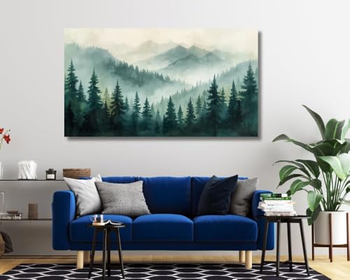 Image of KUNJCART Misty Mountain Painting For Wall Vastu - Large Nature Landscape Painting for Living Room, Bedroom & Office -Nature Wall Art for bedroom, Big Size Green Scenery for Wall Decoration and Home decor Vastu (26 X 18 INCH, Framed - SMALL)