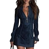 Women Long Sleeve Mini Dress Half Zip Round Neck Lace Western Cowgirl Retro Dress Sexy Bodycon Fall Fashion Outfits XS-3XL Navy