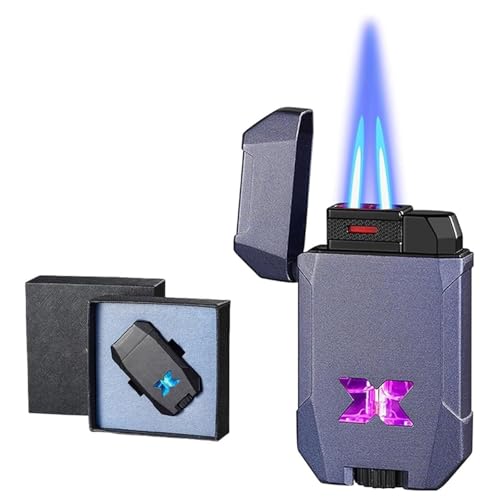Encendedor de doble llama resistente al viento con cámara de aire visible y luz LED, ideal para barbacoas, velas, uso al aire libre