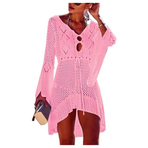Jinsha Gestrickte Bikini Cover Up Strandponcho Strandkleid für Damen Sommer Pareos (Pink)