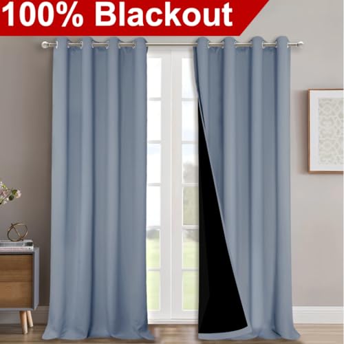 Image of NICETOWN 100% Blackout Curtains for Windows, Pack of 2, 52 inch W x 108 inch L, Vintage Blue, Super Heavy-Duty Black Lined Total Darkness Drapes for Bedroom, Privacy Assured Window Treatment for Patio
