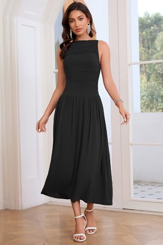 Image of Womens Summer Casual Midi Maxi Dress 2026 Sleeveless Ruched A Line Flowy Cocktail Wedding Guest Beach Long Sundress