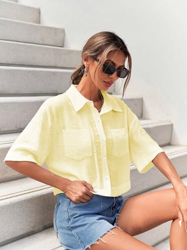 Image of TOPLOT V-Collar Solid Crop Shirt for Women with Half Sleeves, Polyester, Regular Fit
