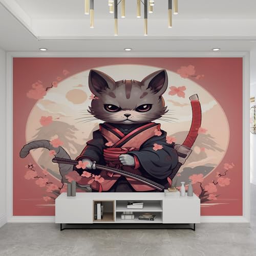 Papier peint mural chat samouraï japonais pour masquer un mur terne
