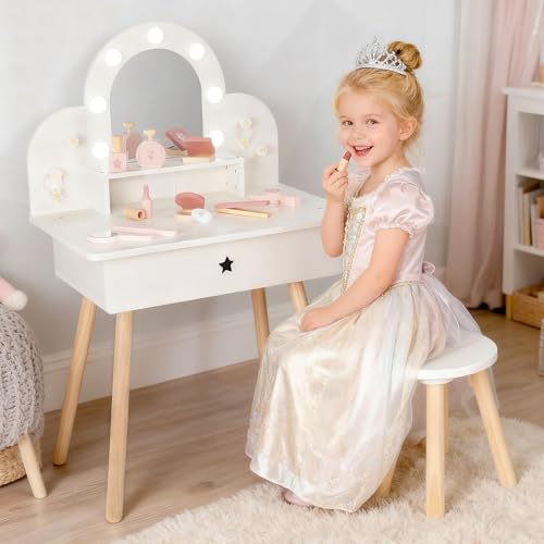 Leeshyah Kids Vanity Set for Girls with Touch-Button 3-Color Light Mirror, Wooden Pretend Play Makeup Table with 11 Accessories, Toddler-Sized Beauty Desk for Ages 3+