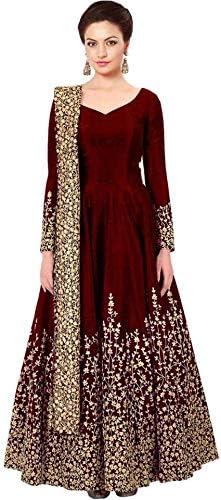 Fast Fashions Women's Embroidered Taffeta Silk Anarkali Gown With Dupatta (Semi Stitched_Free Size_Maroon)