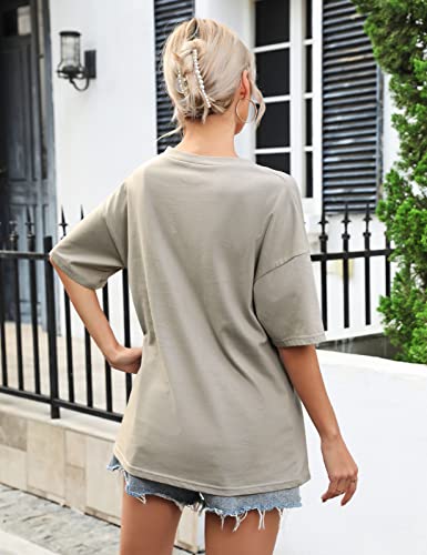 TOMEEK Camiseta Manga Corta Mujer Cuello en V Talla Grande T-Shirt Oversize Mujer Camiseta de Verano Algodón Básicas Essentials Camiseta(Caqui,M)