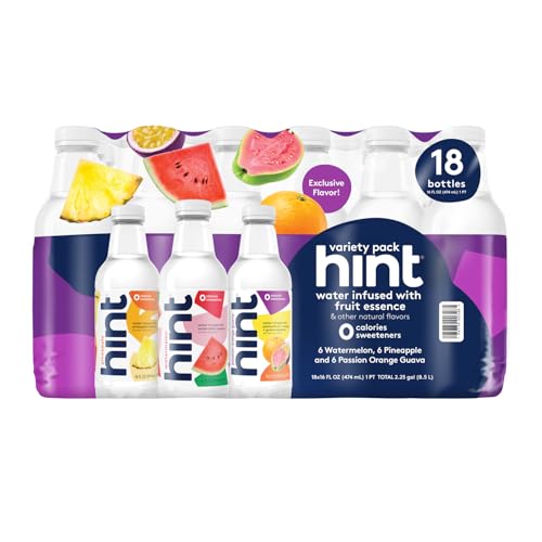 Hint Fruit-Infused Flavored Bottled Water, 3-Flavor Mega Variety Pack - Purified Water Beverages with Zero Calories, Natural Flavors, and Sugar Free - 16 Fl Oz (Pack of 18)