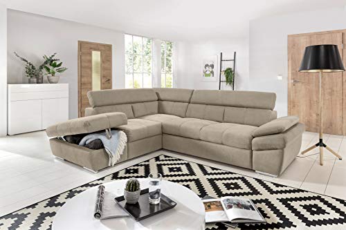 My Brand Germanvox Divano ad Angolo con Funzione Letto e Penisola Contenitore Sx, in Microfibra Nappata Beige Cat.1 L.265 P.218 H.92 cm
