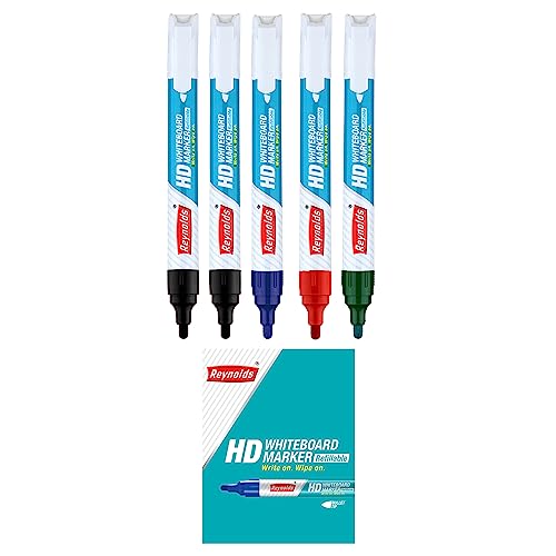 Reynolds HD WM 5 CT POUCH, 2 BLACK, 1 BLUE, 1 RED & 1 GREEN | For Office And Home Use | Leak Proof Marker Pens With Unique Tip Stopper System | Easily Erasable Ink | MultiColour For Rs. 90 @ 45% off