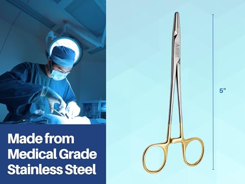 Image of Mayo Hegar Needle Holder 5 inch Tungsten Carbide Inserts, Gold Plated Needle Driver with Strong Lock, Serrated Jaws for Precise Suturing, Autoclavable (5 Inches)