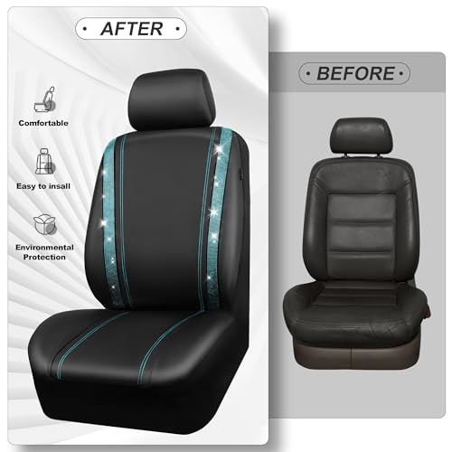 Image of CAR PASS Bling Car Seat Covers Full Set, Shining Rhinestone Diamond Waterproof Faux Leather Universal Fit 95% Automotive Glitter Crystal Sparkle Strips for Cute Women Girl, Full Set (Mint Diamond)
