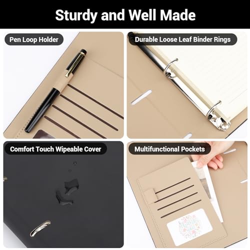 Yarotm Cuaderno de Anillas A4 - Lineas Libreta Notas Cuero PU 21.5x28cm - 100GSM Papel Rayas Bloc de Notas - 300 Páginas Espiral Cuaderno A4 Anillas - Recargable Notebook Viaje Diario, Negro - imagen 5