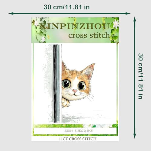 Image of Xinpinzhou Cute Cat 11ct Stamped Cross Stitch Kits for Adults, 12x12 in | Pre Printed 11 Count Cotton Fabric, Finished Embroidery Pattern is Elegant for Wall Decor, Easy Diy Hobby Craft for Women