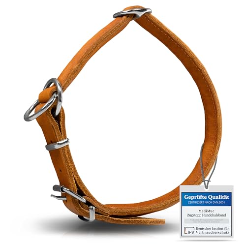 Rund & Weich Zugstopp Hundehalsband, Cognac, M - 50cm Lederhalsband mit Zugbegrenzung und Verstellbarer Schnalle, Dressurhalsung, Zugstopper, robust, Rindsleder