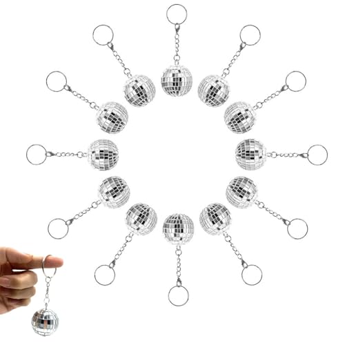 YBLXYSKD 12 Pieces Disco Ball Keychain Silver Mini Mirror Disco Ball Keyring 70s Disco Key Chain for Halloween Christmas Themed Party Decorations